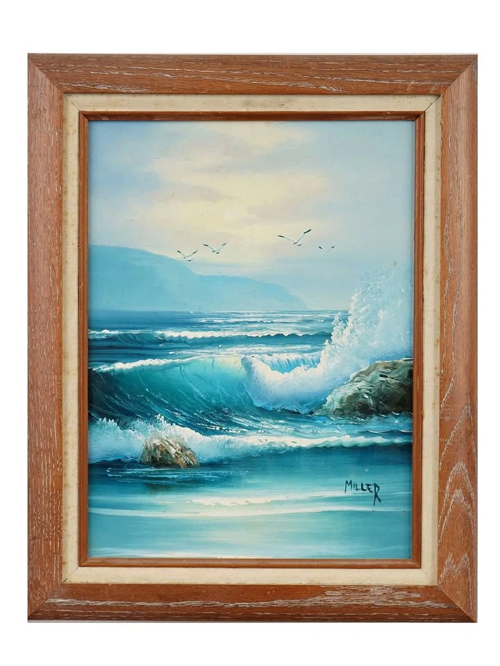 Mid-Century Vintage Coastal Seascape Oil Painting – Framed & Sig