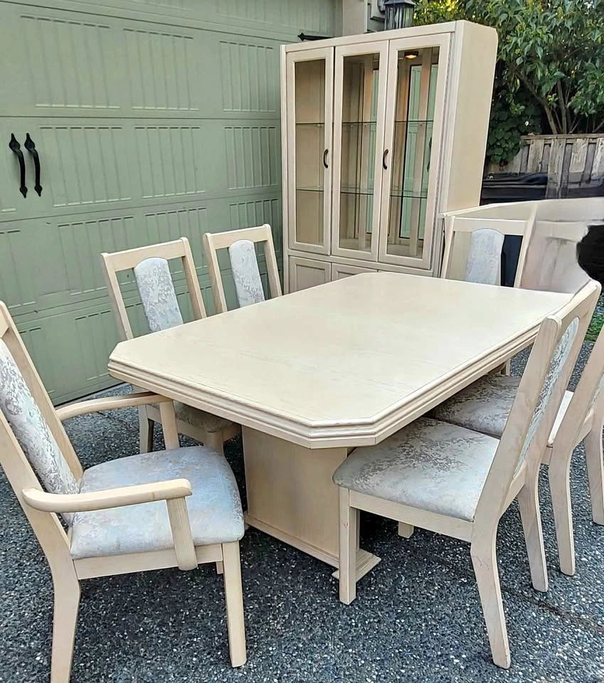 Solid oak white washed 1990's dining set with china cabinet