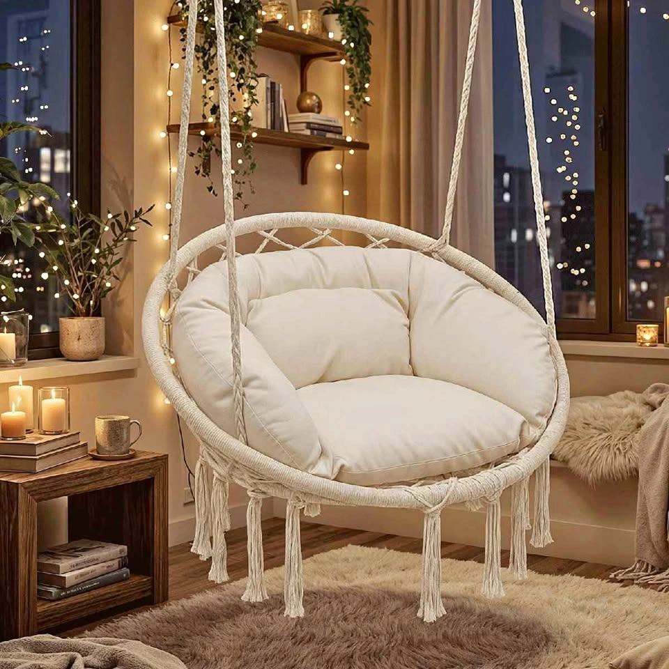 New Hanging Macrame Rope Swing Chair with Cushion - 350 lbs