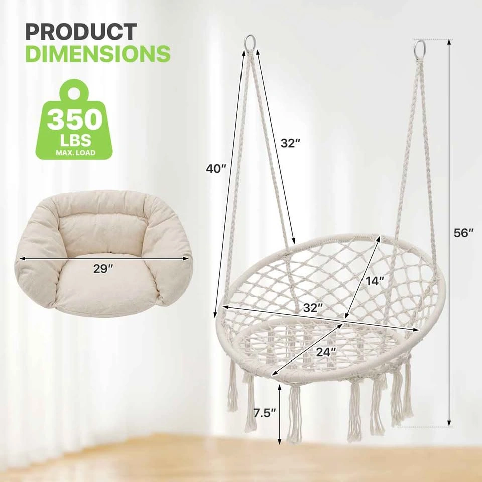 New Hanging Macrame Rope Swing Chair with Cushion - 350 lbs - photo 4