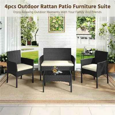 New 4-Piece Brown Wicker Patio Set with Beige Cushions