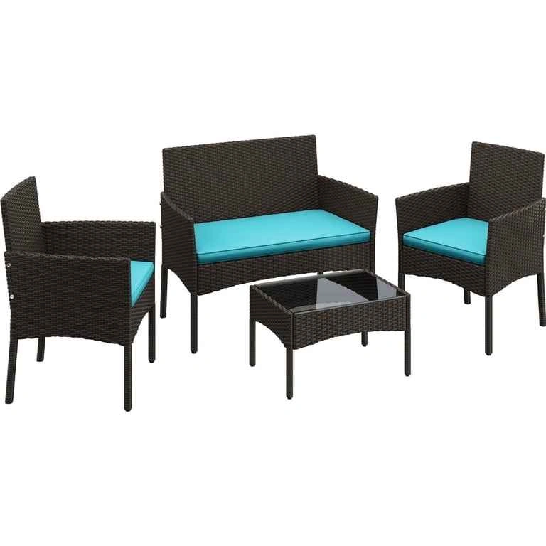 New Brown Wicker Patio Set - 4 Piece with Turquoise Cushions