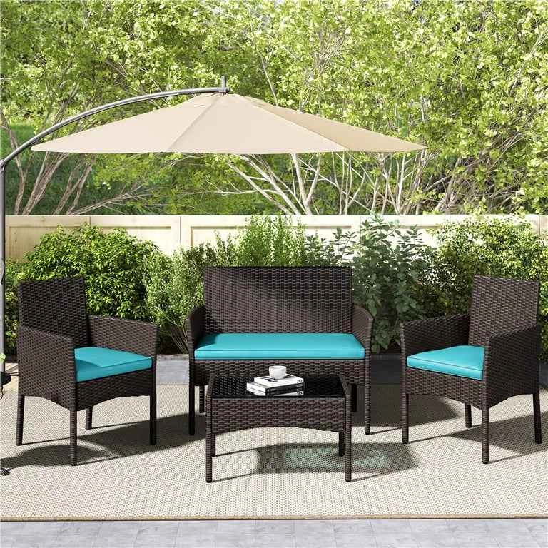 New Brown Wicker Patio Set - 4 Piece with Turquoise Cushions - photo 3