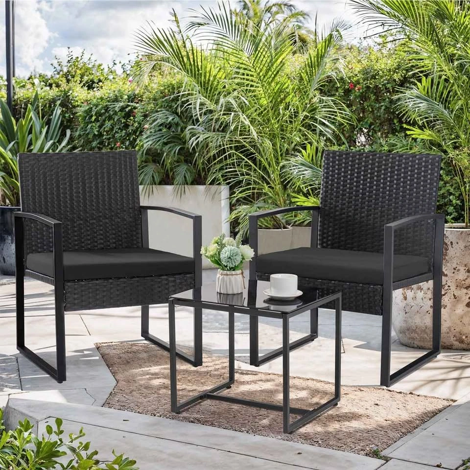 New 3-Piece Black Patio Bistro Set with Rattan Chairs & Table - photo 2