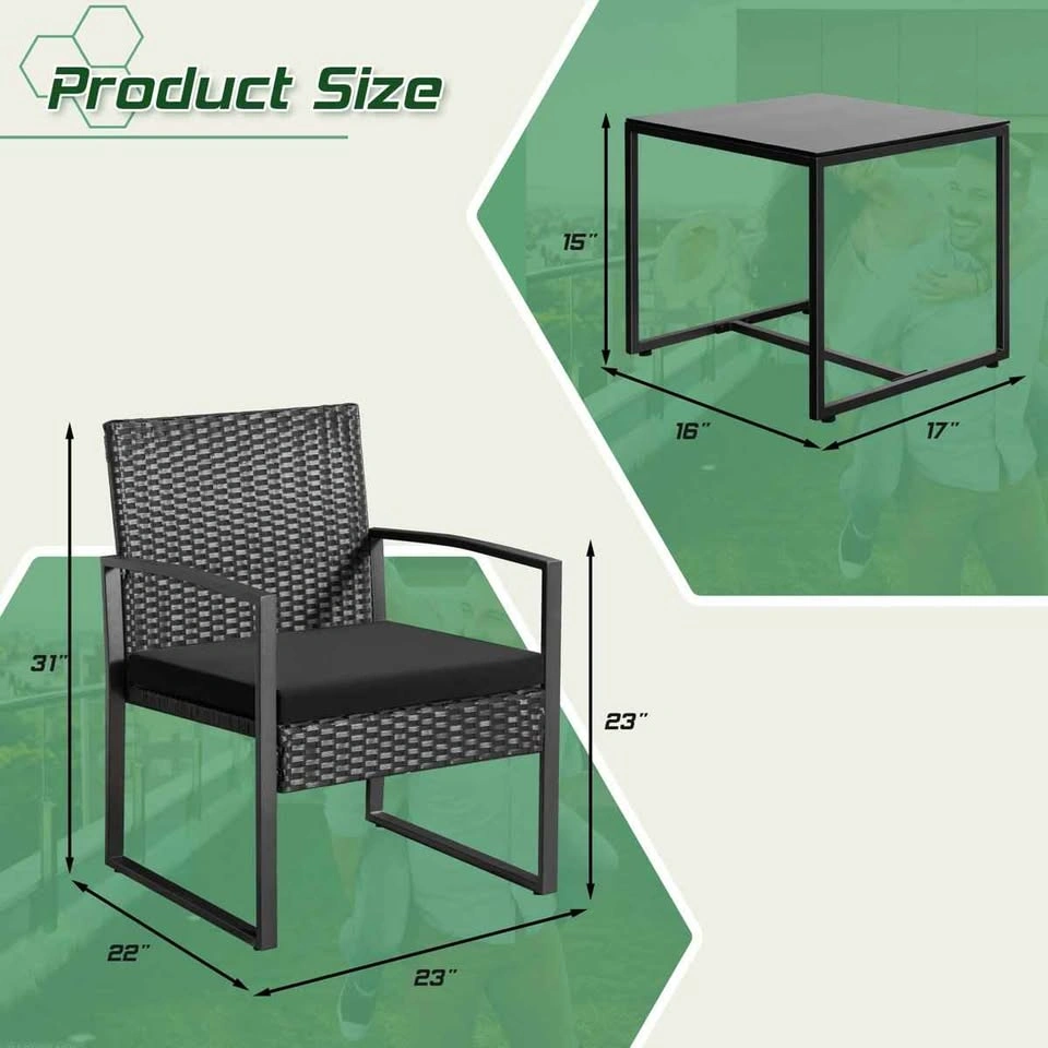 New 3-Piece Black Patio Bistro Set with Rattan Chairs & Table - photo 5