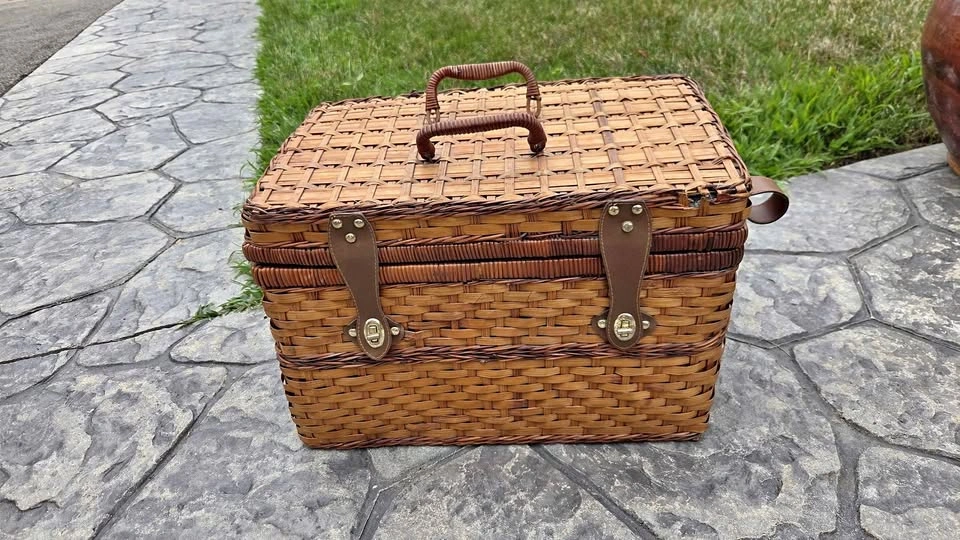Vintage Wicker Picnic Basket with Servingware