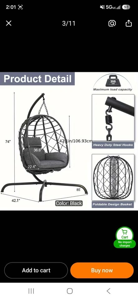 New in Box - Deluxe Charcoal Swing Egg Wicker Chair - photo 2