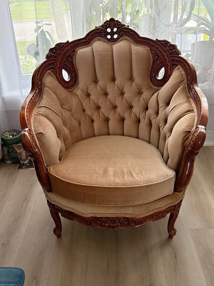 Vintage Carved Wood Tufted Armchair