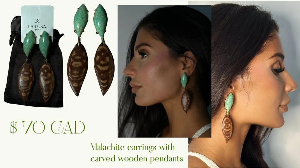 Earrings malachite with wood - photo 2