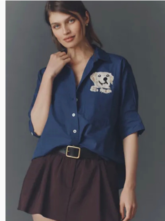 NWOT Maeve Blue Embroidered Cotton Shirt with Dog-Doodle?-Large
