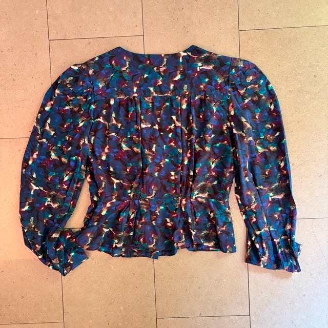 The Kooples Crepe Pleated Top Blouse in Neon Purple Flowers-XS - photo 3
