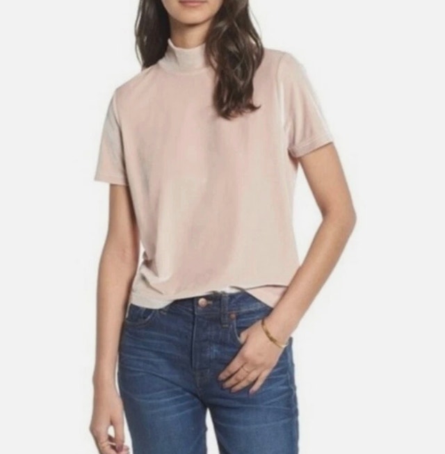 Madewell Velvet Mock Neck Tee Top Pink/Beige Short Sleeve-Medium