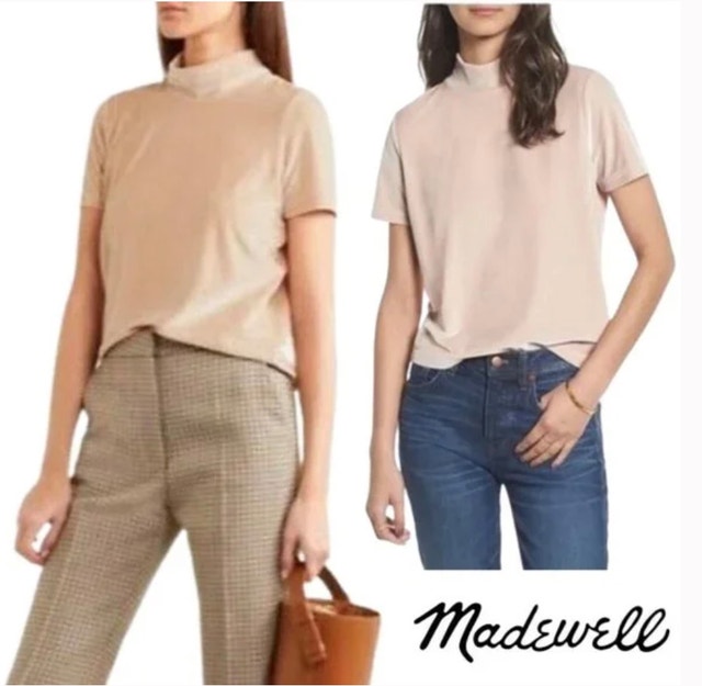 Madewell Velvet Mock Neck Tee Top Pink/Beige Short Sleeve-Medium - photo 4