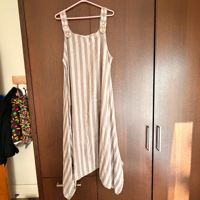 Luigi Moda Beige Striped Linen Maxi Dress - Made in Italy - L/XL