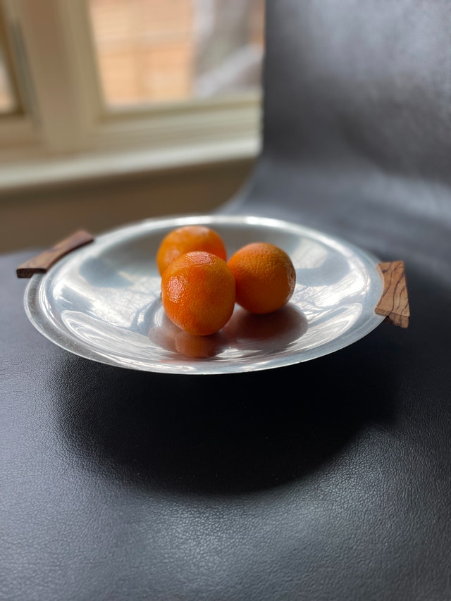 70s Danish Denmark Stainless Steel Metal Bowl w/ Wood Handles
