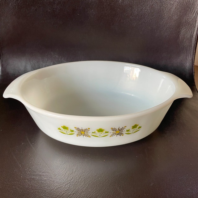 60s Fire King Anchor Hocking Milk Glass Casserole-Green Meadow