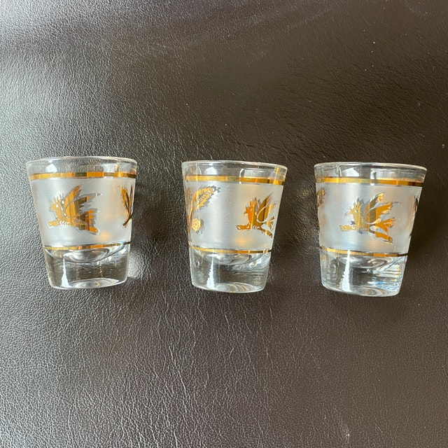 3x Vintage Liquor Gold Leaf Bird and Berries Shot Glasses