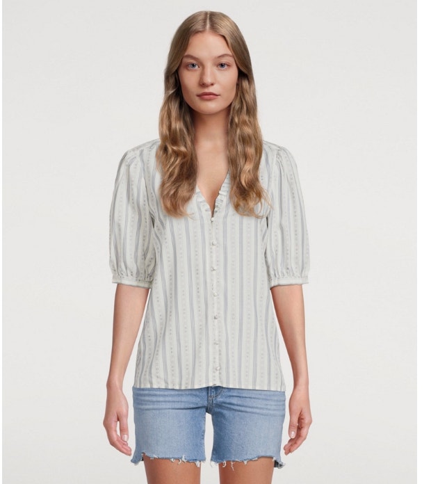 PAIGE Provence Blue and Ivory Short-Sleeve Blouse - Small