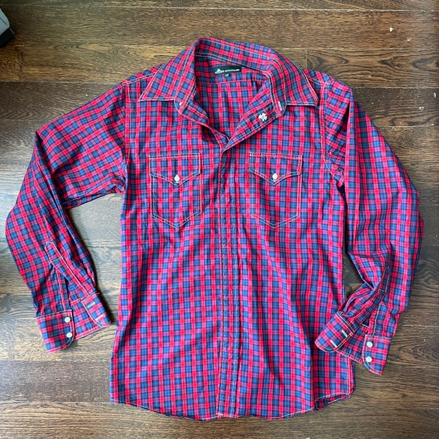 Men's Moose Knuckles Red Plaid Shirt with Snap Closures-Size Med