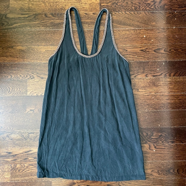 Joie Tank Top-Navy Blue 100% silk w/ leather/bronze chain-MED