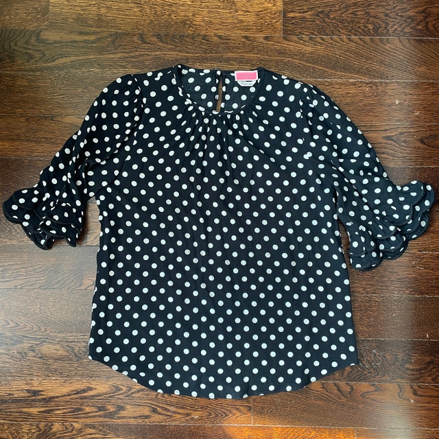 Kate Spade Lia Polka Dot Black/Cream Ruffle Sleeve Blouse-XS