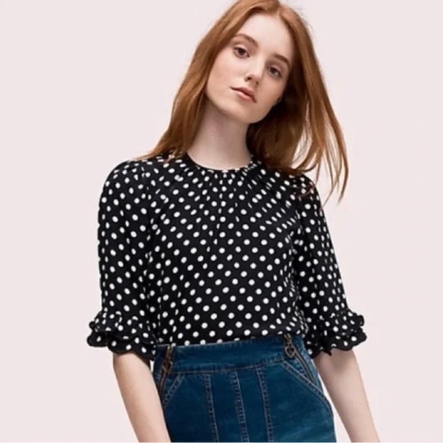 Kate Spade Lia Polka Dot Black/Cream Ruffle Sleeve Blouse-XS - photo 2