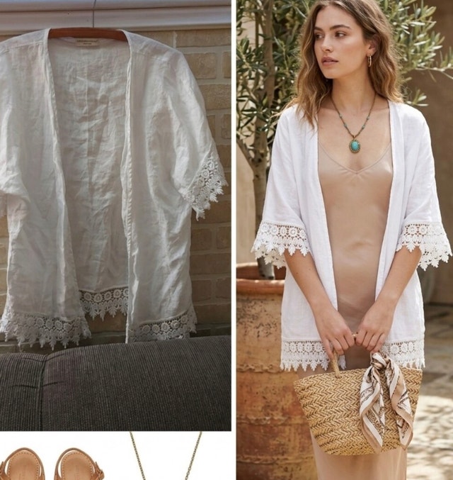 Terzo Millennio White 100% Linen open-front Kimono cardigan-OS