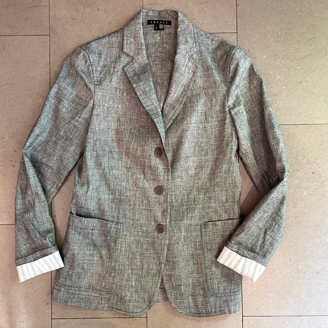 Theory Minou T Linen Blend Blazer Sharkskin Crunch-Black/Ivory-2