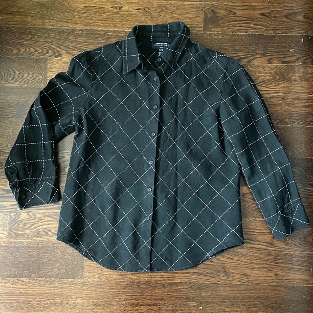 Jones New York Signature Shirt 100% Linen Black Check-MED PETITE