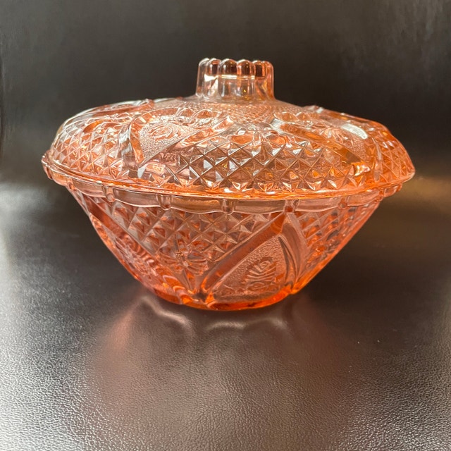Vintage Pink Heart Pressed Glass Bowl w/ lid-Firna Indonesia