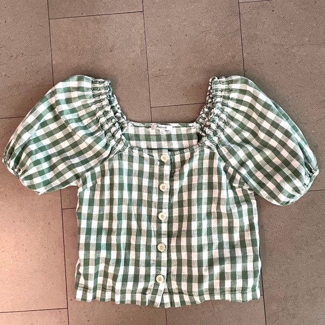 Madewell Linen/Cotton Button-Front Top Green Gingham-MED - photo 2