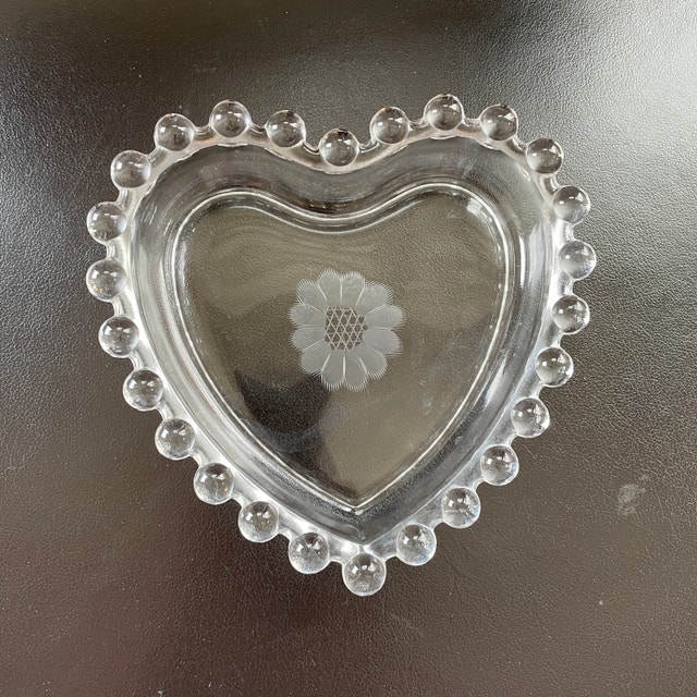 Vintage WJ Hughes Cornflower Candlewick Heart Candy Trinket Dish