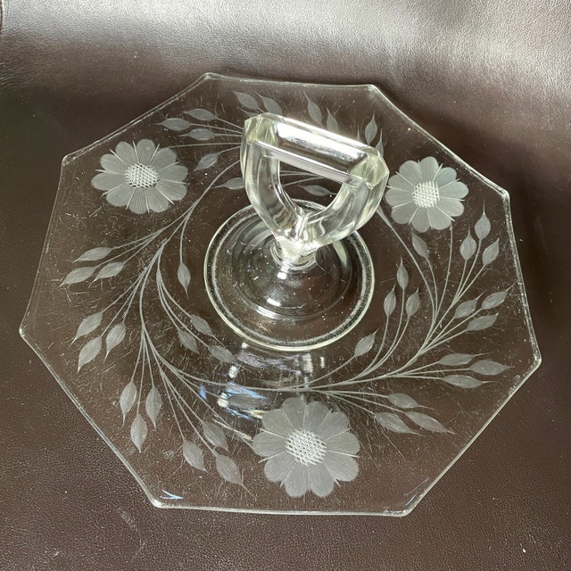 Vintage Octagon Etched Glass Platter/Tray w/ Center Handle