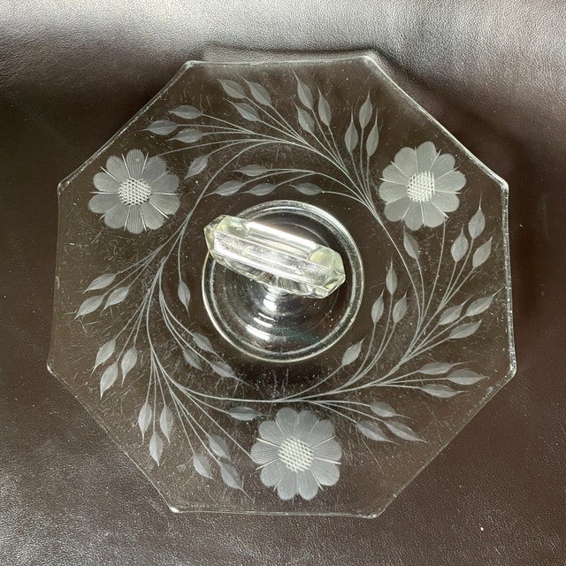 Vintage Octagon Etched Glass Platter/Tray w/ Center Handle - photo 3