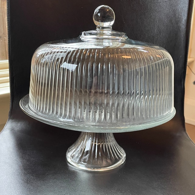 Anchor Hocking Monaco Ribbed Glass Cake Pedestal Stand with Dome
