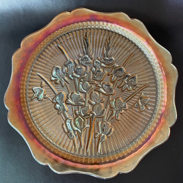 Vintage Jeanette Iridescent Marigold Iris Herringbone Platter