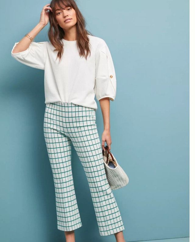 Anthropologie Essential Crop Flare Pant Off White Black Green-XS