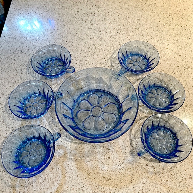 Vintage Set of Blue Glass Serving Bowl w/ 6 matching bowls
