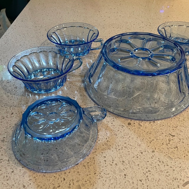 Vintage Set of Blue Glass Serving Bowl w/ 6 matching bowls - photo 2