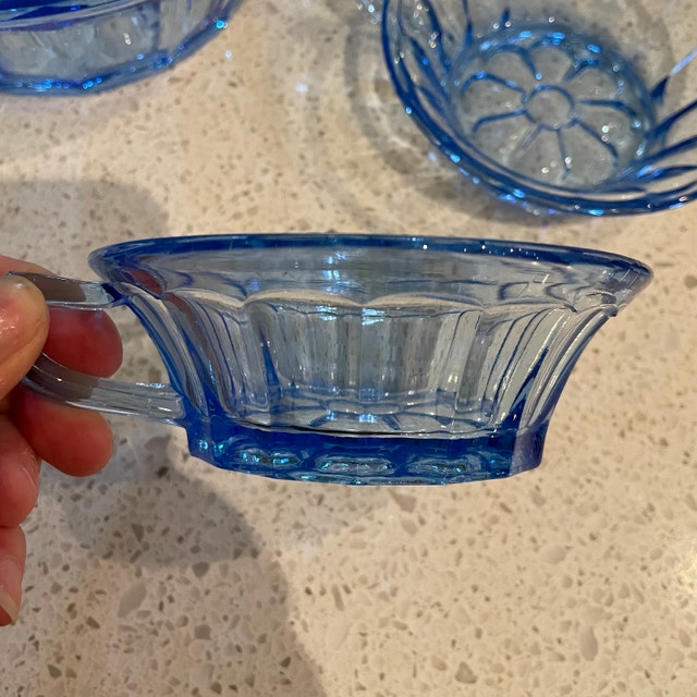 Vintage Set of Blue Glass Serving Bowl w/ 6 matching bowls - photo 3