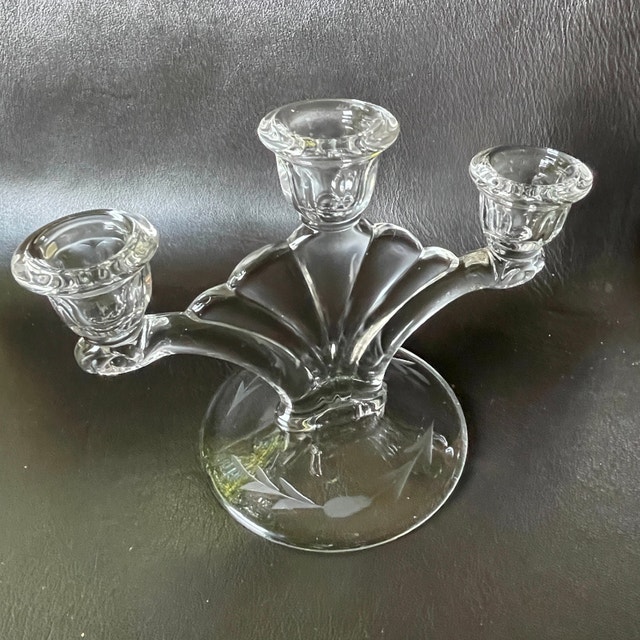 Vintage 50s Heisey Elegant Glass 3 candle candelabra -Deco Style