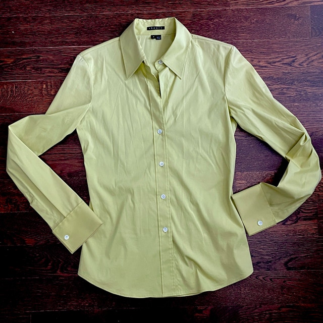 Theory Stretch Cotton "Ivy" Shirt Blouse-Pale Lime Green-Sz 0/XS
