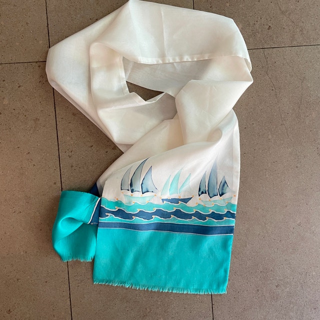 Vintage Handpainted Scarf with Sail Boats, Signed-100% Silk