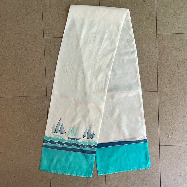 Vintage Handpainted Scarf with Sail Boats, Signed-100% Silk - photo 2