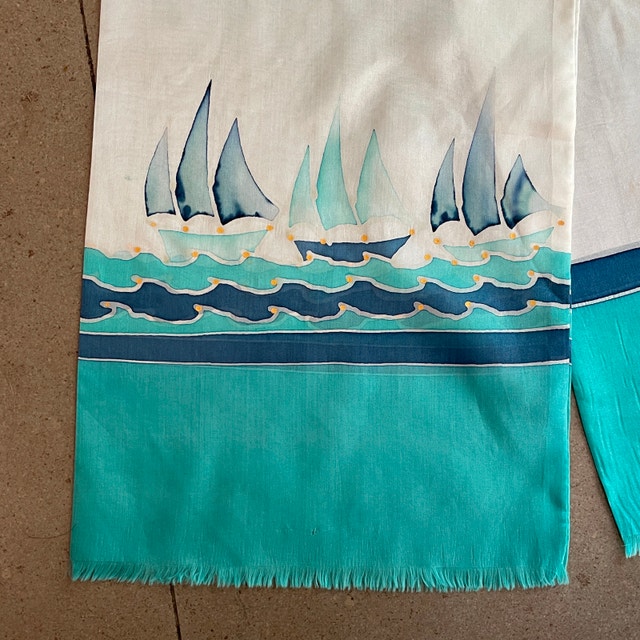 Vintage Handpainted Scarf with Sail Boats, Signed-100% Silk - photo 3