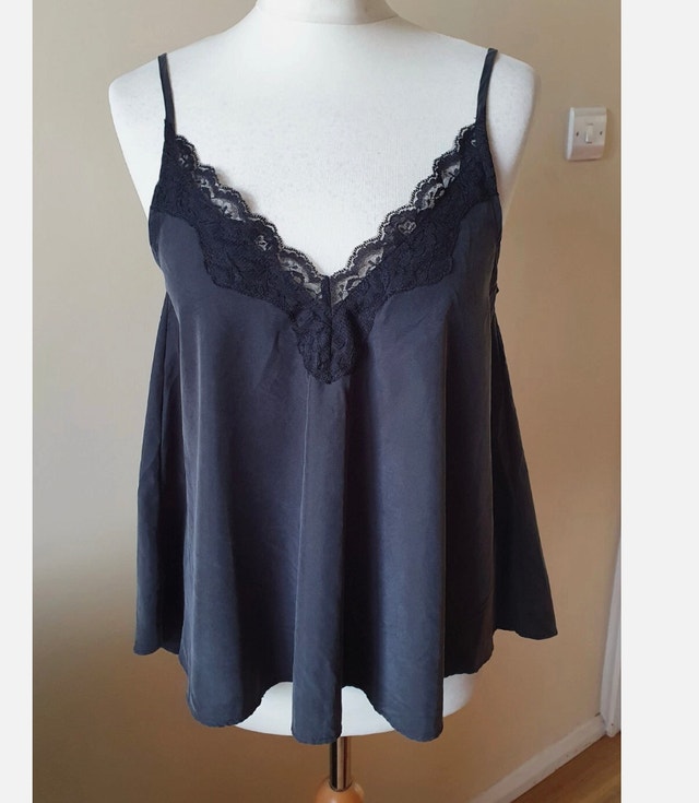 Zara TRF Charcoal Gray/Black Lace Spaghetti Strap Tank Top-XS