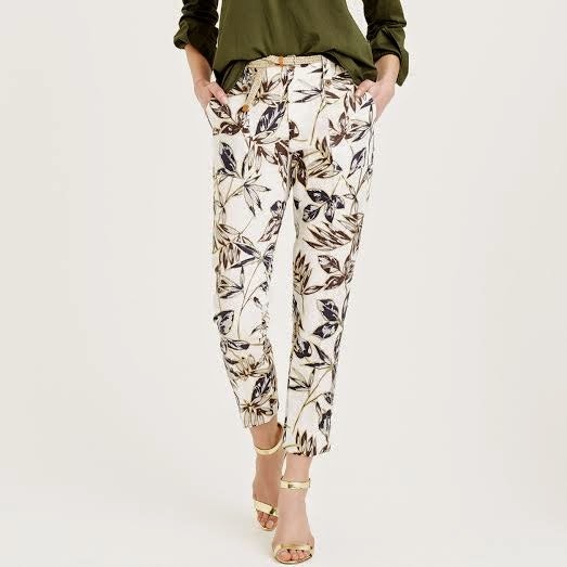 NWOT J. Crew 100% Linen Garden Print Gold Foil Leaf Pants - 0