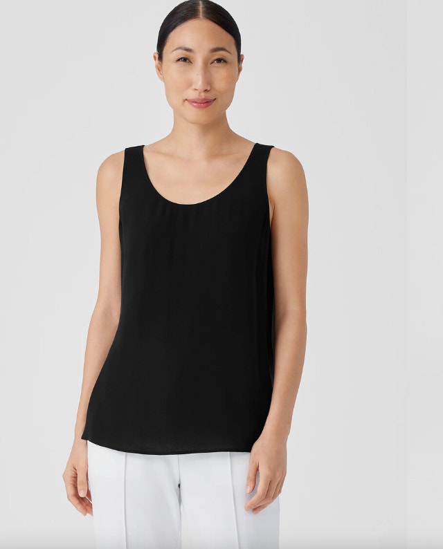 Eileen Fisher Black 100% Silk Scoop Neck Tank-Large