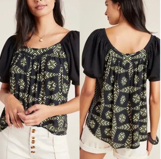 Maeve Anthropologie Catania Green/Black Top Blouse-Large