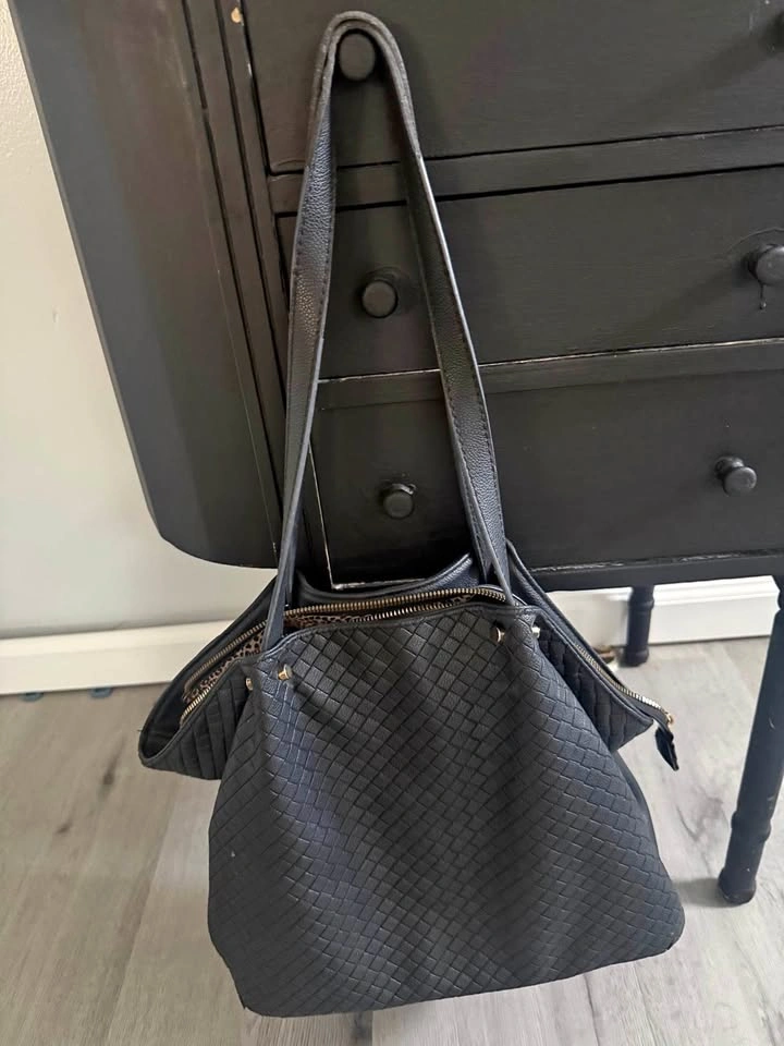 Black Woven Tote Bag with Leopard Print Lining
